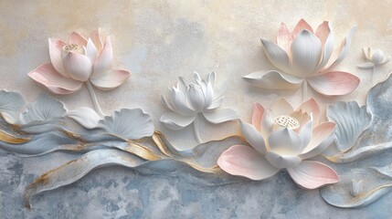 3D embossed pastel lotus flowers and leaves on textured background.