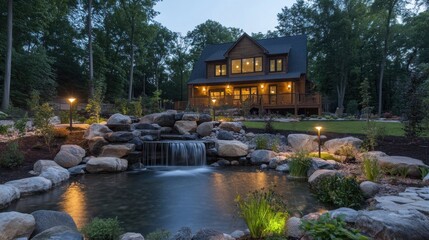 Obraz premium Luxurious log cabin at dusk, featuring a serene waterfall pond in the foreground.