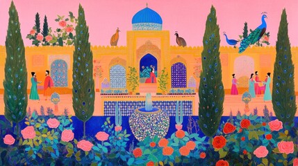 Persian garden illustration with women, peacocks, roses, and a fountain.