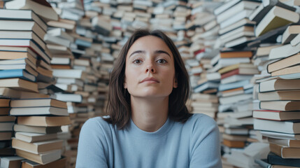 young woman gazes thoughtfully amidst sea of stacked books, creating surreal atmosphere of knowledge and introspection