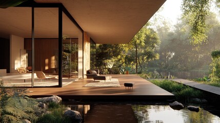 Obraz premium Modern house with large windows overlooking a tranquil pond and lush forest.