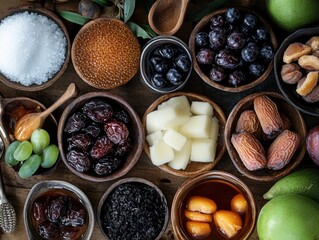 Wooden bowls filled with a colorful assortment of dried fruits, nuts, and juice.