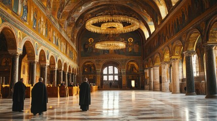 Obraz premium Ornate church interior with monks, mosaic artwork, and large chandelier.