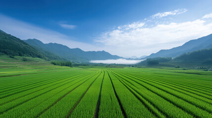Obraz premium serene countryside scene with lush green rice fields and distant mountains under clear blue sky. landscape evokes tranquility and natural beauty