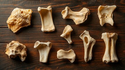 Assorted animal bones arranged on dark wood background.