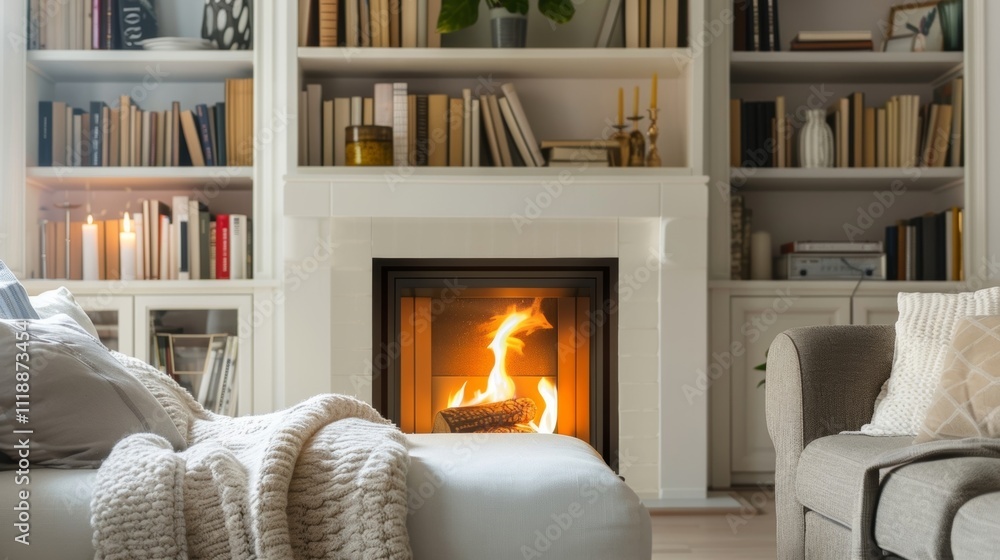 Poster a compact offwhite fireplace sits nestled between two builtin bookshelves its simple design blending