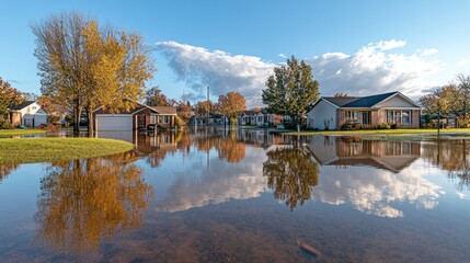 Obraz premium Suburban street flooded with autumnal reflections in calm water.