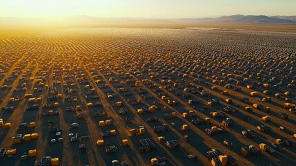 Aerial view of a vast desert landscape filled with numerous yellow containers at sunset.