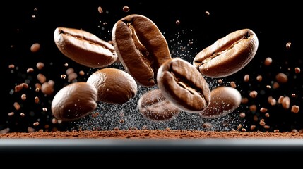 Coffee beans floating above ground with a burst of aroma in a dark setting