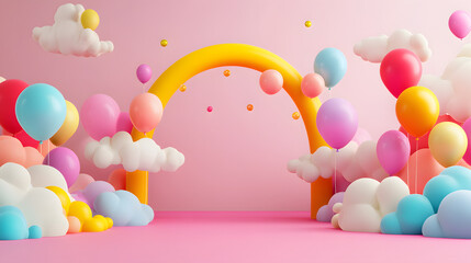 3D cartoon backdrop with balloons, balloon garland, arch, clouds, background for a kids' party, cute style, colorful, fun and playful design, vibrant colors.