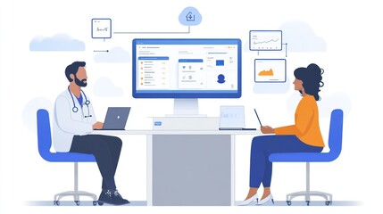 Here's a possible  and keyword list for the image.. Doctor and patient reviewing medical data on a large computer screen.