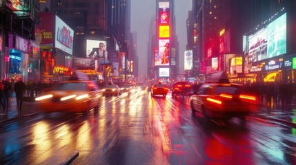 Fototapeta premium Rainy night in Times Square, NYC, with blurred traffic and bright lights reflecting on wet streets.