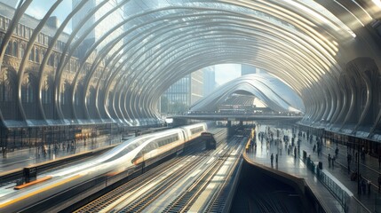 Obraz premium Futuristic train station with high-speed trains, passengers, and modern architecture.