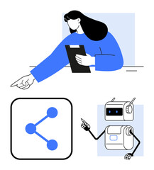 Woman holding clipboard pointing, sharing icon with connected nodes, and friendly robot with gestures. Ideal for collaboration, technology, communication, teamwork, innovation, education