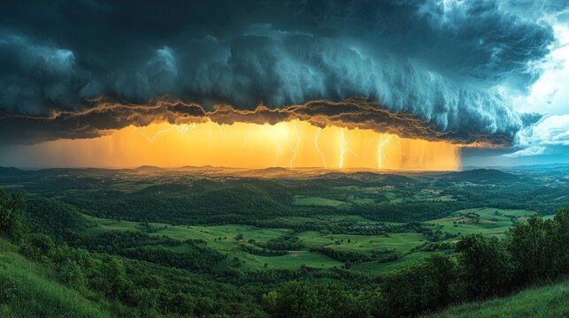Dramatic sunset thunderstorm over rolling hills and green landscape with multiple lightning strikes.