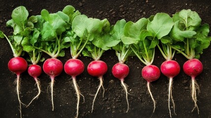 Freshly harvested radishes with green tops on dark soil.