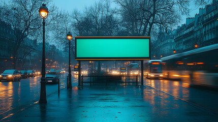 A blank green screen billboard on the side of an empty bus stop in downtown Paris, cars and buses passing by, photorealistic.