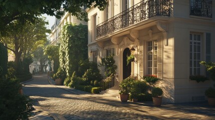 Obraz premium Sunlit Parisian street with elegant townhouses, lush greenery, and cobblestone road.