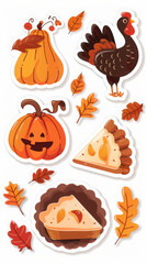 Autumn harvest sticker set featuring pumpkin, turkey, and pie illustrations for thanksgiving decor