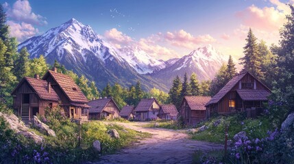 Obraz premium Idyllic mountain village at sunrise, nestled in a valley with wooden houses, lush greenery, and snow-capped peaks.