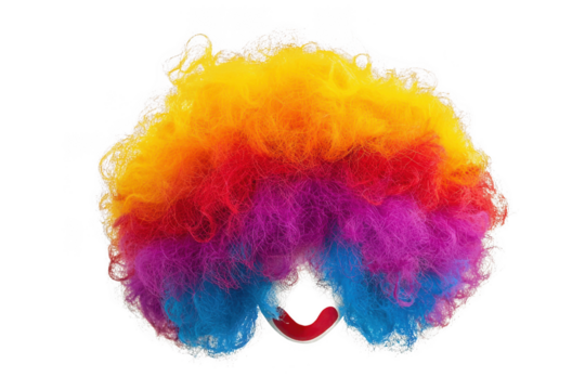Colorful clown wig isolated on a png transparent background.