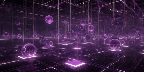 Fototapeta premium Abstract purple digital space with glowing spheres.