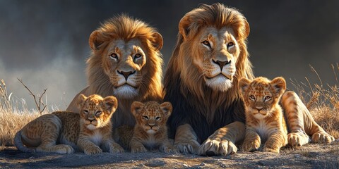 Majestic lion family portrait  two adult lions with two cubs. © paulus