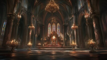 Majestic gothic cathedral interior with stained glass windows, ornate chandeliers, and candlelit altar.