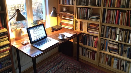 Fototapeta premium Cozy home office with laptop, bookshelves, and natural light.