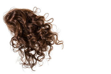 Brown curly hair wig isolated on a png transparent background, female style.