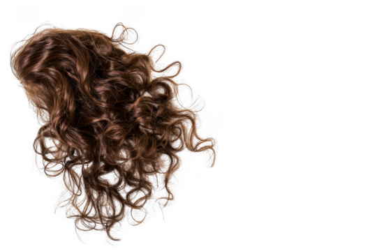 Brown curly hair wig isolated on a png transparent background, female style.