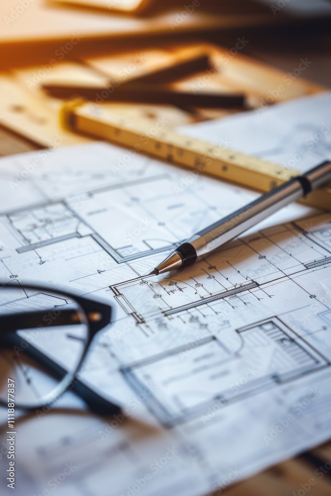 Poster various tools used in creating architectural plans for building designs and constructions.