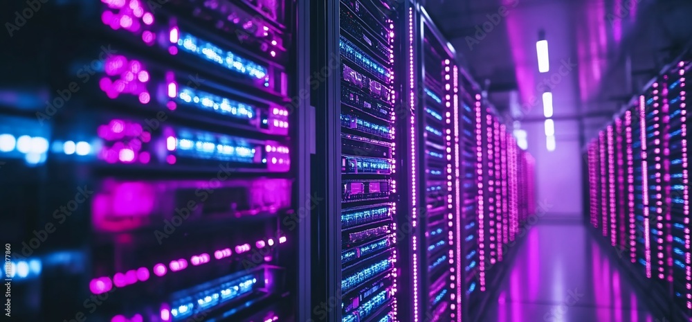 Poster illuminated server racks in a data center. (1)