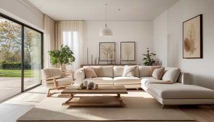 Fototapeta premium Creating a Welcoming Environment in White and Neutral Living Room