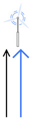 Black and blue arrows pointing up alongside a wind turbine symbolize growth, innovation, and renewable energy. Ideal for themes of progress, sustainability, environmentalism, direction, advancement