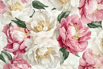 Beautiful arrangement of pink and white peonies with lush green leaves on a soft background, perfect for spring and floral themes.