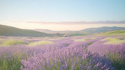 Fototapeta premium Tranquil Lavender Fields at Sunrise: A Serene Tuscan Landscape