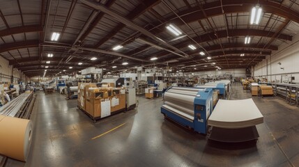 Obraz premium A panoramic view of a large industrial printing facility, showcasing rows of sophisticated printing machinery, stacks of paper and cardboard, and a vast expanse of workspace.