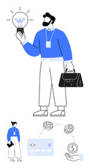 Businessman holding a lightbulb idea symbol with briefcase, female colleague holding documents, credit card, and currency icons. Ideal for business innovation, teamwork, financial planning