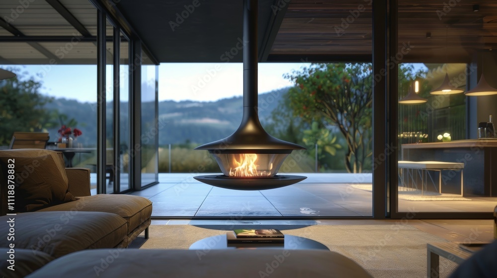Poster a floating fireplace made of steel and glass hangs suspended from the ceiling its minimalistic desig
