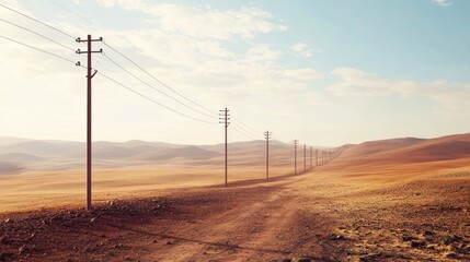 Endless Desert Road with Power Lines under a Clear Sky