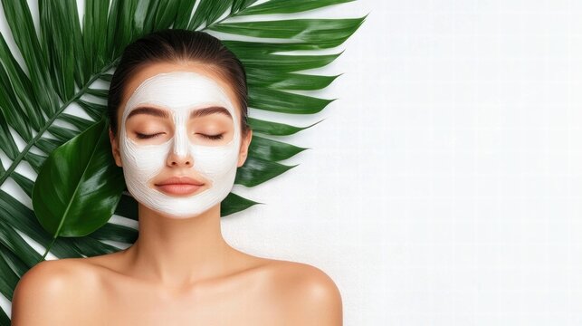 Woman with Face Mask and Tropical Leaves
