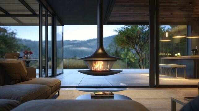 A floating fireplace made of steel and glass hangs suspended from the ceiling its minimalistic design and remotecontrolled functionality adding a touch of futuristic 2d flat cartoon.