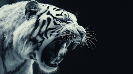 Obraz premium Majestic White Tiger Roaring in the Dark: A Stunning Close-Up
