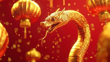 Fototapeta premium Glorious golden dragon surrounded by traditional red lanterns and festive decorations, symbolizing prosperity and good fortune. Celebration and cultural heritage theme.