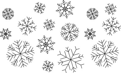 Winter seamless pattern with cartoon hand drawn snowflakes on white background. New Year backdrop. Vector Christmas background for fabric, textile, wrapping paper, card, invitation, wallpaper.
