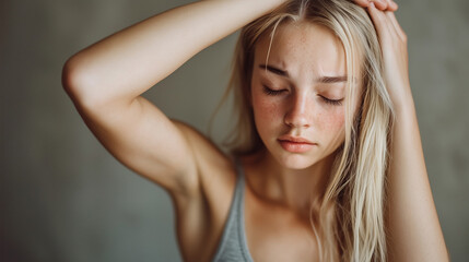 Naklejka premium A young blonde dancer, exhausted from a grueling rehearsal, takes a quiet moment to rest and regain her composure