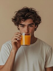A man sipping orange juice from a glass standing