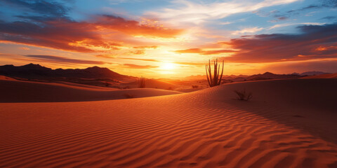 dramatic desert landscape with towering sand dunes and vibrant sunset sky