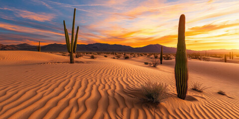 vibrant desert landscape with sand dunes, cacti, and colorful sunset sky
